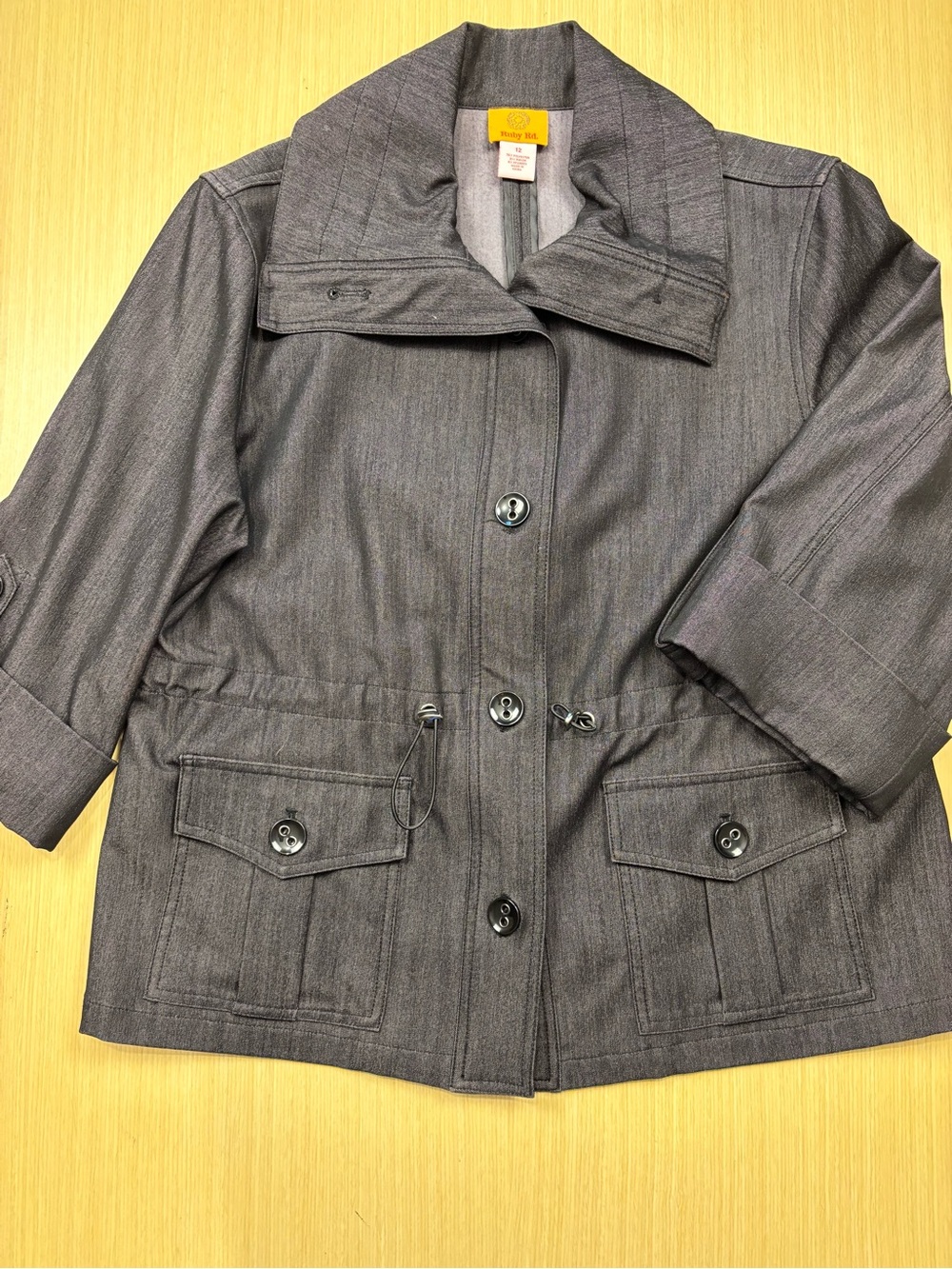 Ruby Rd Gray Utility Jacket Drawstring Waist 3/4 Roll Tab Sleeve Cargo Pocket 12